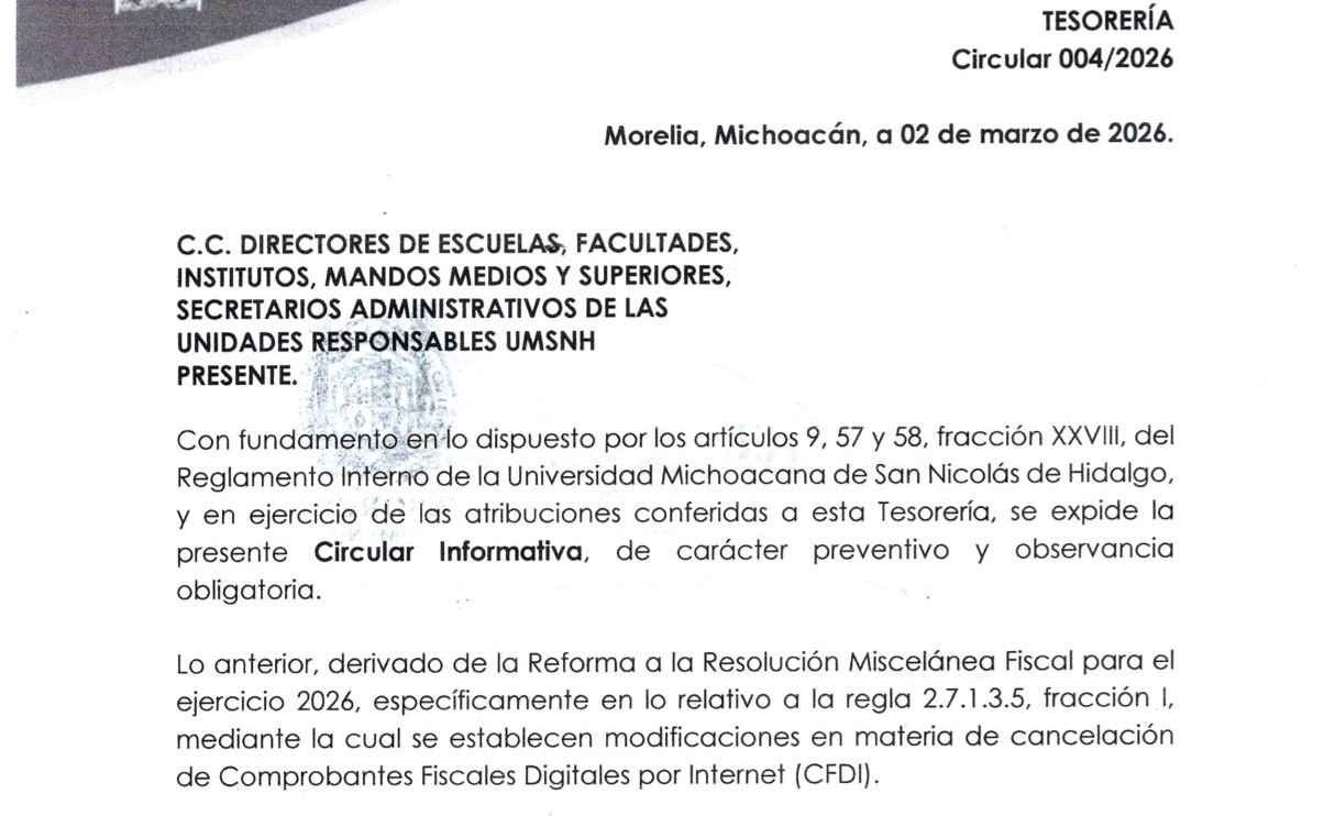 Circular 004/2026 Tesorería, de los Complementos de Pago